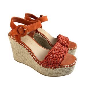 Veronica Beard Espadrille Wedge Sandals 6M Orange Suede Ankle Strap Platform